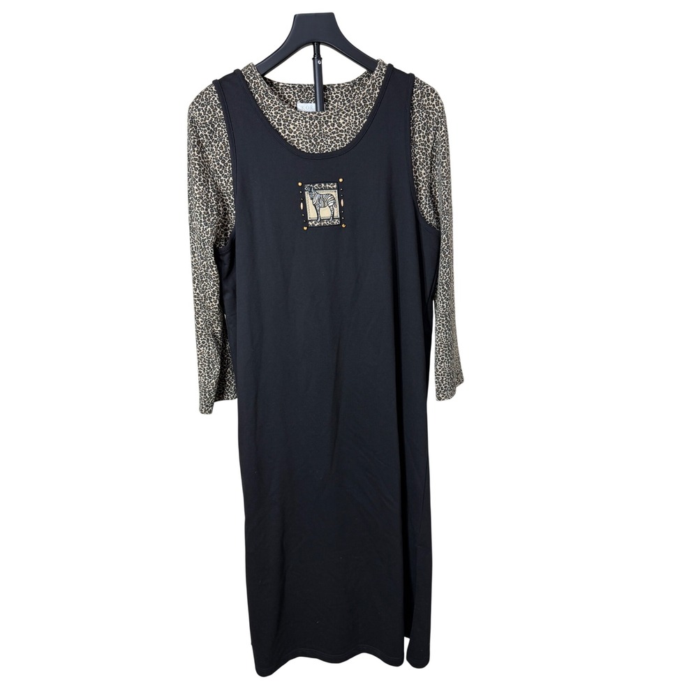 Koret K-Wear Petite Large Black Leopard Zebra Beaded Layered‎ Look Maxi Dress